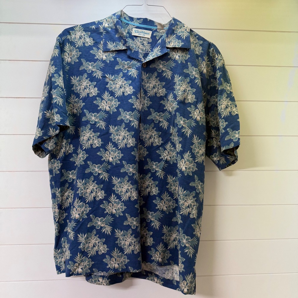 Caribbean Pure Silk Mens Large Blue Tropical Floral Short Sleeve Hawaiian Shirt
